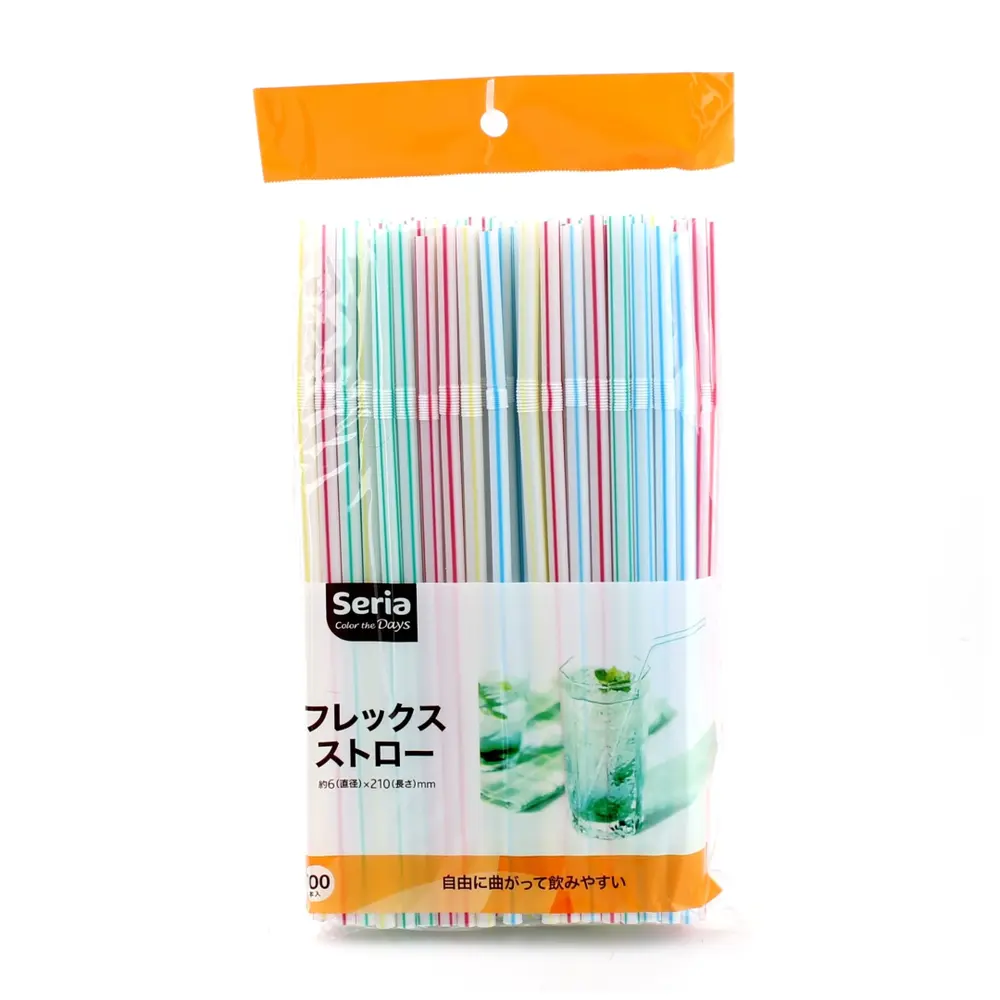 Ống Hút Nhựa Sọc Nhiều Màu, Flex Straw, 100 Cái (6 x 210mm) - SERIA