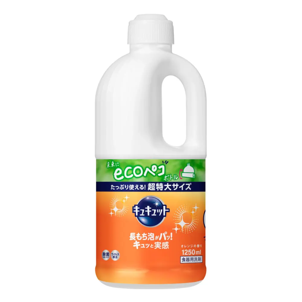 Nước Rửa Bát Hương Cam, Kyukyutto Dishwashing Liquid, Orange Scent, Jumbo Size Refill (1250ml) - KAO