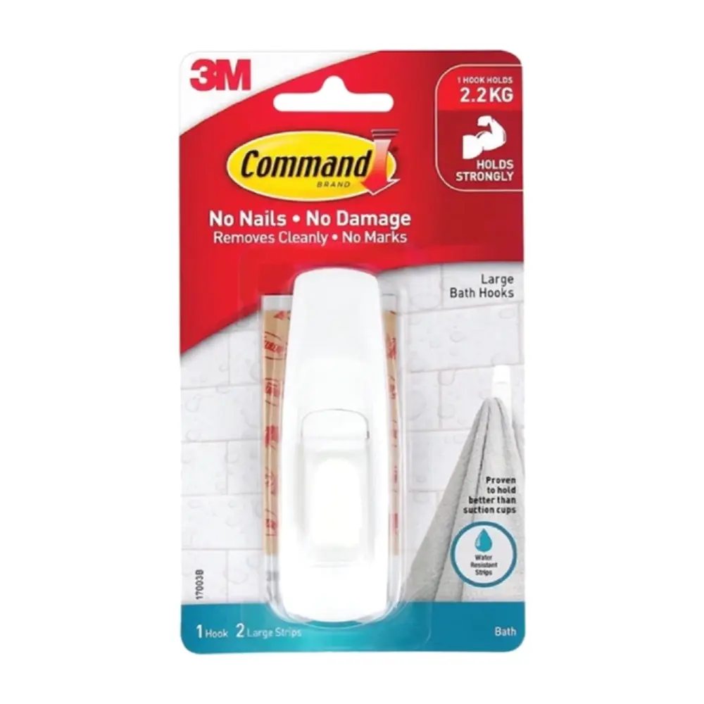 Móc Treo Đồ Phòng Tắm, Command, Large Bath Hooks, Holds 2.2kg, 1 Cái & 2 Miếng Dán - 3M