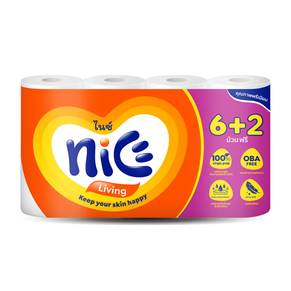 Giấy Vệ Sinh 2 Lớp, Bathroom Rolls, OBA Free, 6 + 2 Cuộn (10 x 10.7 cm) - NICE