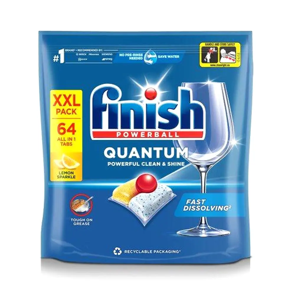 Viên Rửa Chén Bát Hương Chanh, Powerball, Quantum Powerful Clean & Shine, Lemon Sparkle, XXL Pack, 64 Viên (665.6g) - FINISH