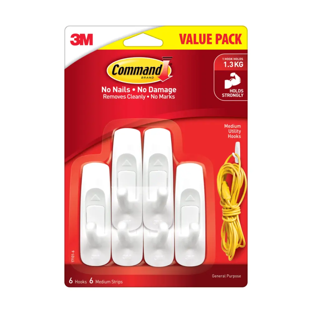 Móc Dán Treo Tường Vừa, Command, Medium Utility Hooks, Holds 1.3kg, 6 Cái & 6 Miếng Dán - 3M
