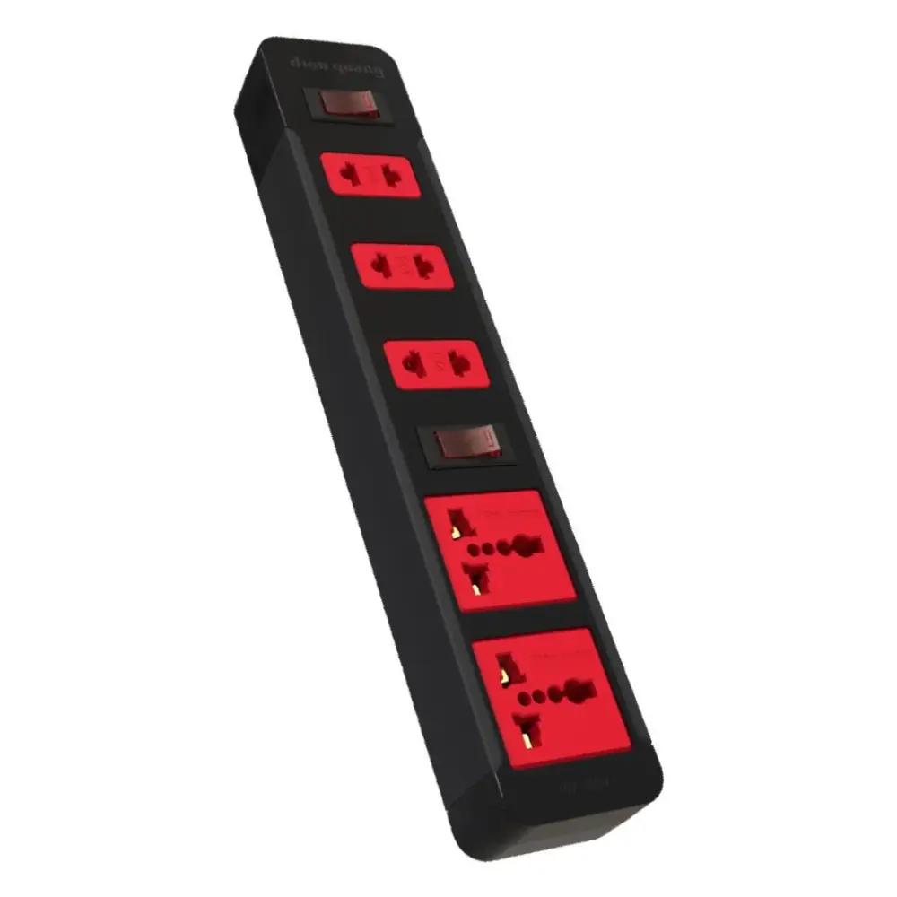 Ổ Cắm 5 Lỗ Dây 2m Màu Đen Đỏ, Overload Protected Power Strip with 5 Outlets & 2m Extension Cord, Black, 250V - 10A - DIEN QUANG