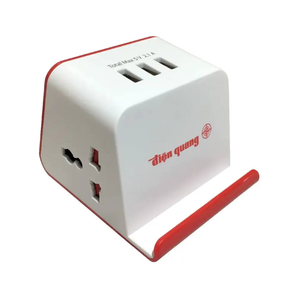 Ổ Cắm 2 Lỗ 3 Chấu & 3 USB Dây Dài 2m Màu Trắng Đỏ, Power Strip 2 Outlets & 3 USB, 3-Prong, 2m Cord, White, 250V - 10A - DIEN QUANG