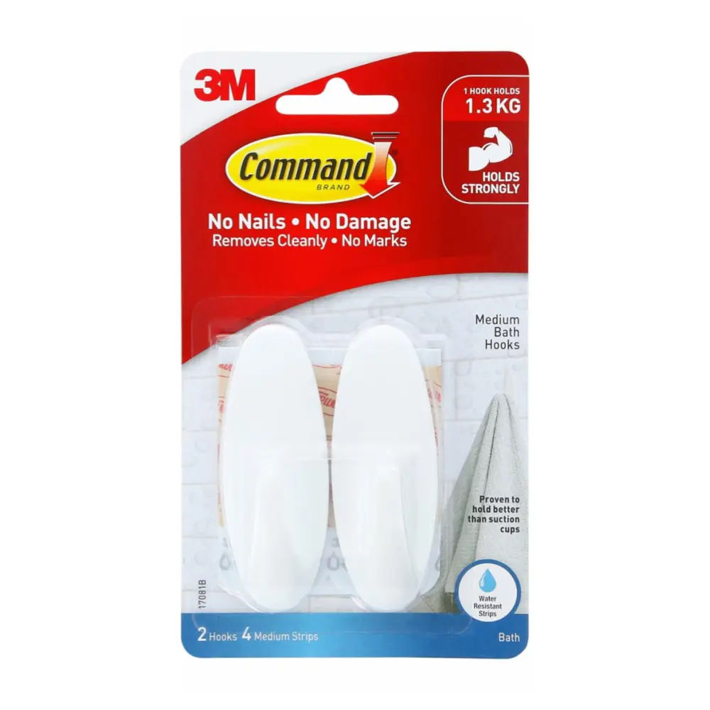 Móc Dán Treo Tường Kiểu Tròn Chống Thấm Nước, Command, Medium Bath Hooks, Holds 1.3kg, 2 Cái & 4 Miếng Dán - 3M