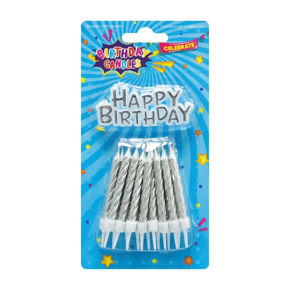 Nến Cây & Chữ Sinh Nhật Màu Bạc, Silver Candles & Happy Birthday, 17 Cái - UNCLE BILLS