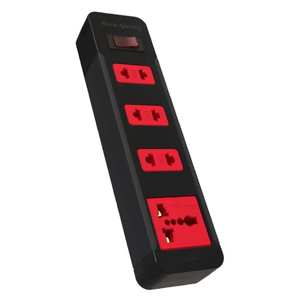 Ổ Cắm 4 Lỗ Dây 5m Màu Đen Đỏ, Overload Protected Power Strip with 4 Outlets & 5m Extension Cord, Black, 250V - 10A - DIEN QUANG