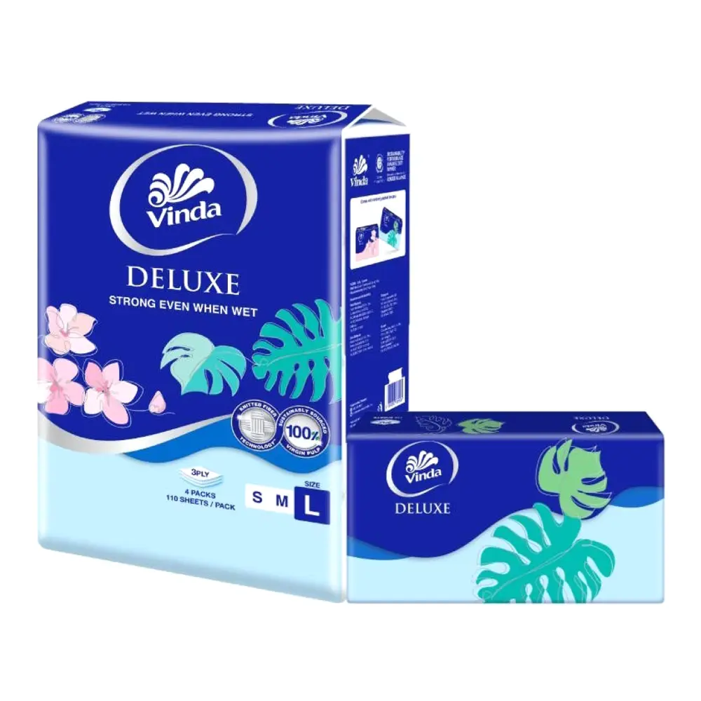 Khăn Giấy Rút 3 Lớp, Deluxe, Facial Tissues with Knitted Fiber Technology, Size L, 4 Gói (189 x 195mm) - VINDA