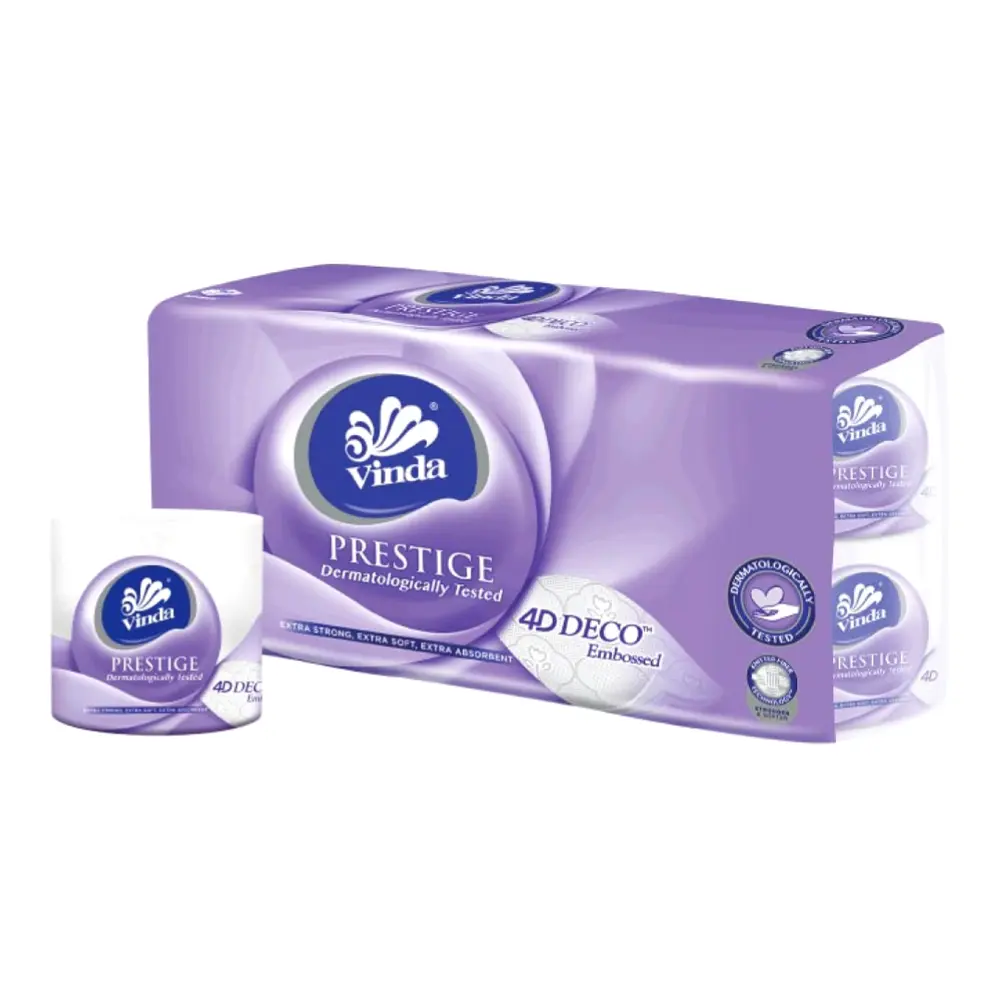Giấy Vệ Sinh 3 Lớp In Hoa Văn, Prestige, 4D Deco Embossed Toilet Roll Paper, 8 Cuộn (138 x 105mm) - VINDA
