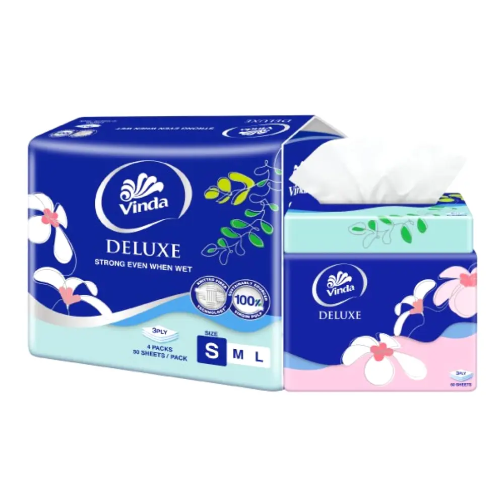 Khăn Giấy Rút 3 Lớp, Deluxe, Facial Tissues with Knitted Fiber Technology, Size S, 4 Gói (140 x 195mm) - VINDA