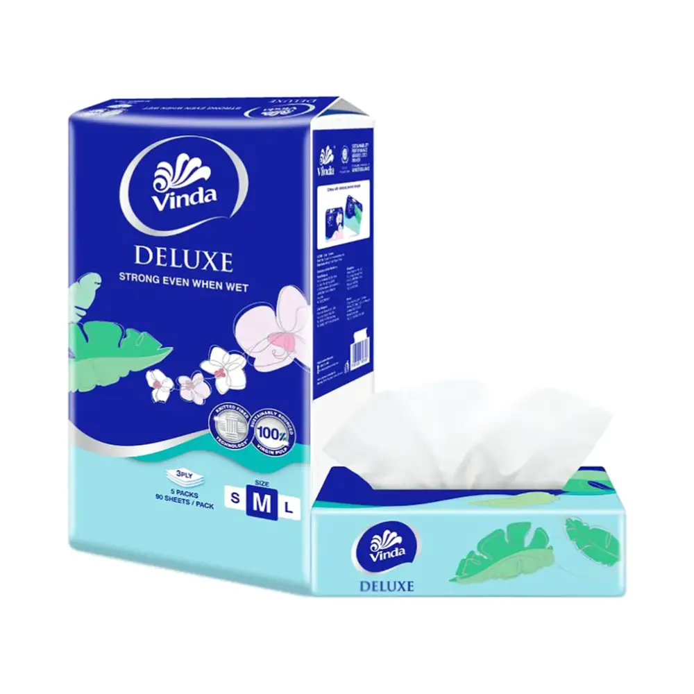 Khăn Giấy Rút 3 Lớp, Deluxe, Facial Tissues with Knitted Fiber Technology, Size M, 5 Gói (153 x 195mm) - VINDA