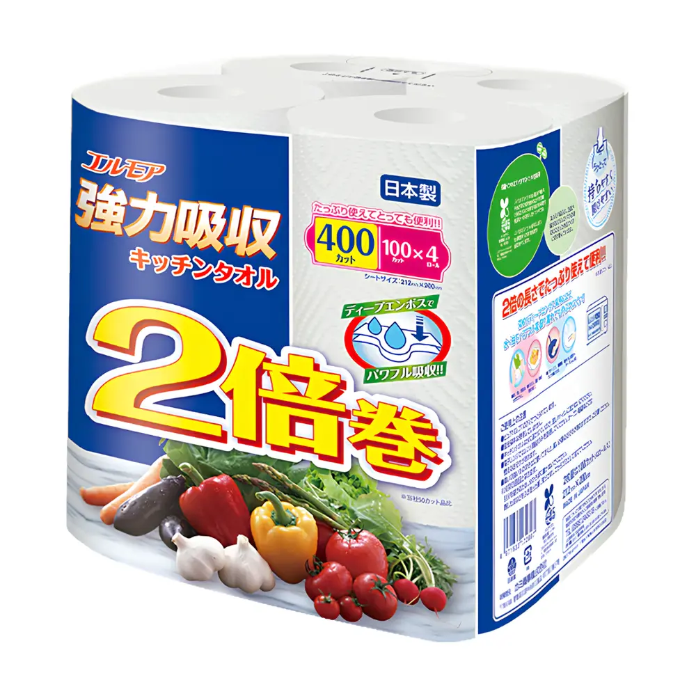 Khăn Giấy Bếp Đa Năng 2 Lớp (Xanh Dương), Strong Absorption Kitchen Towels, Double Volume, 4 Cuộn, 400 Tờ - ELLEMOI