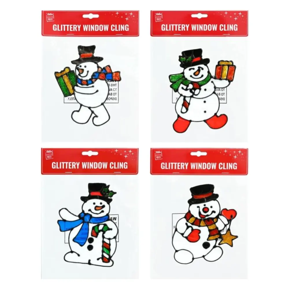 Hình Dán Cửa Sổ Hình Người Tuyết Kim Tuyến, Glittery Window Cling, Snowman (18cm) - UNCLE BILLS