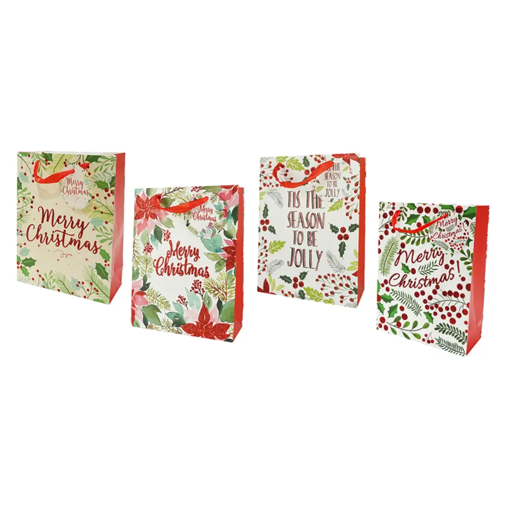 Túi Giấy Quà Tặng Hoạt Tiết Giáng Sinh Ánh Kim (Nhiều Mẫu), Glitter Foliage Gift Bag (26 x 32 x 10cm) - UNCLE BILLS