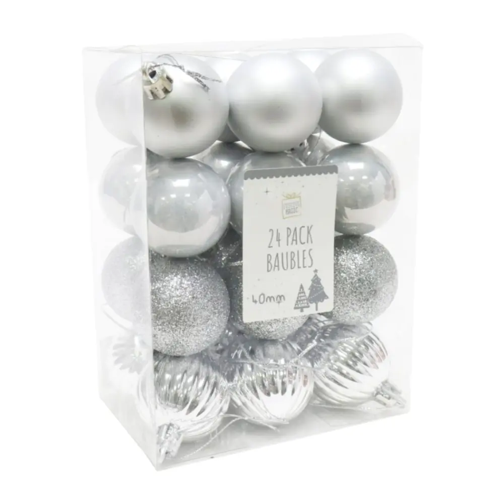 Quả Châu Trang Trí Giáng Sinh Màu Bạc, 24 Pack Silver Baubles (40mm) - UNCLE BILLS