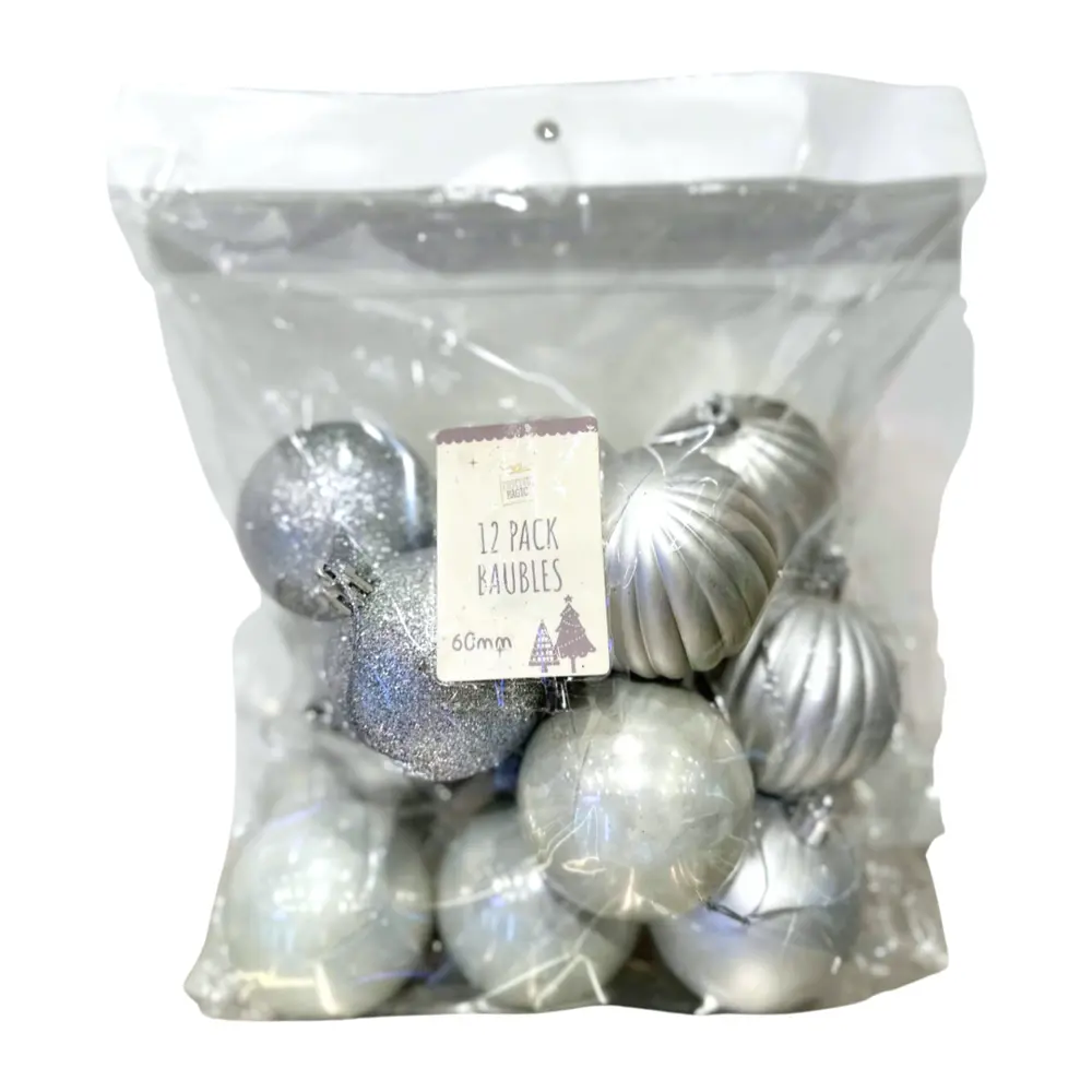 Trái Châu Trang Trí Noel Màu Bạc, 12 Pack Silver Christmas Baubles (60mm) - UNCLE BILLS