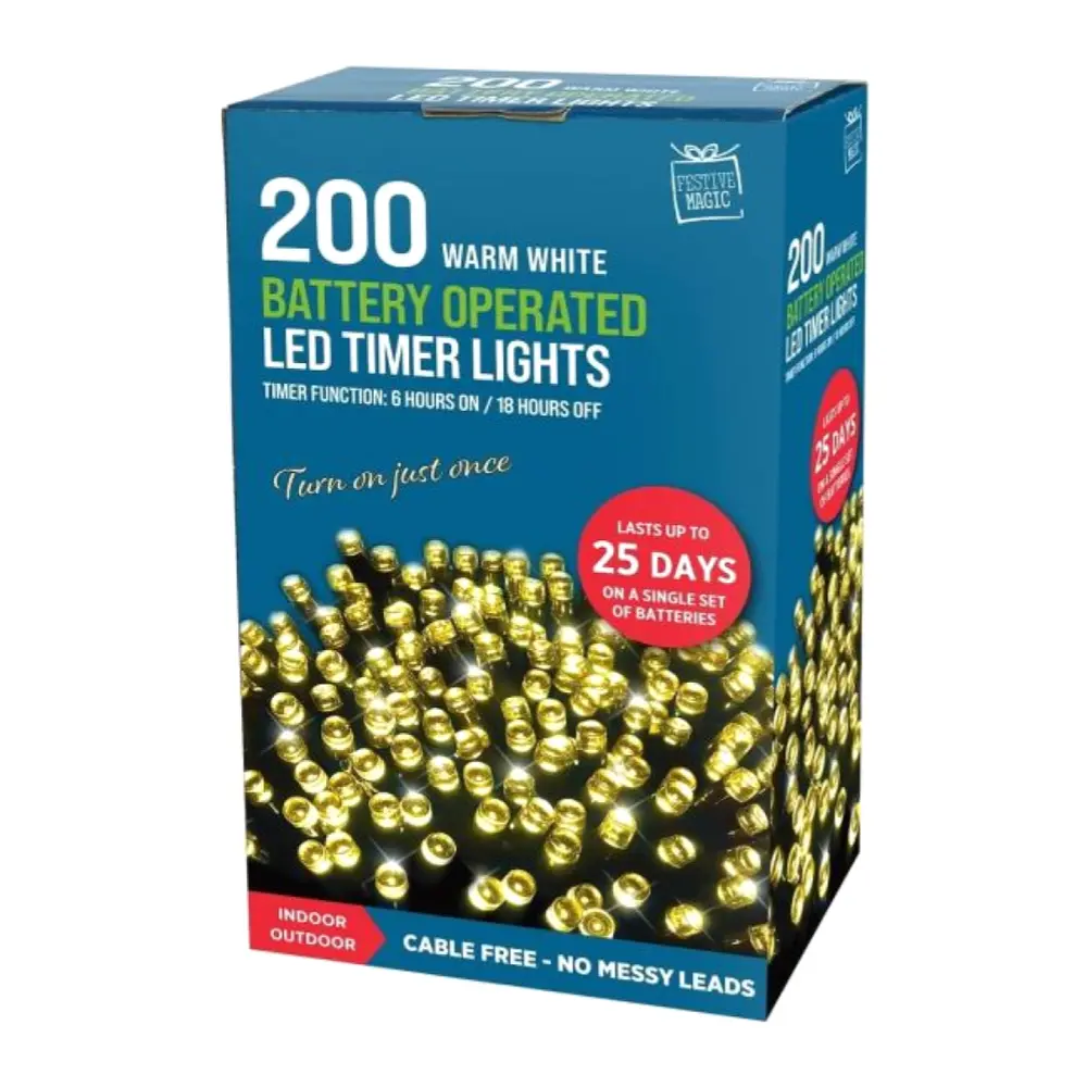 Đèn Led Hẹn Giờ Màu Trắng Ấm, 200 Warm White Battery Operated LED Timer Lights (19.9m) - UNCLE BILLS