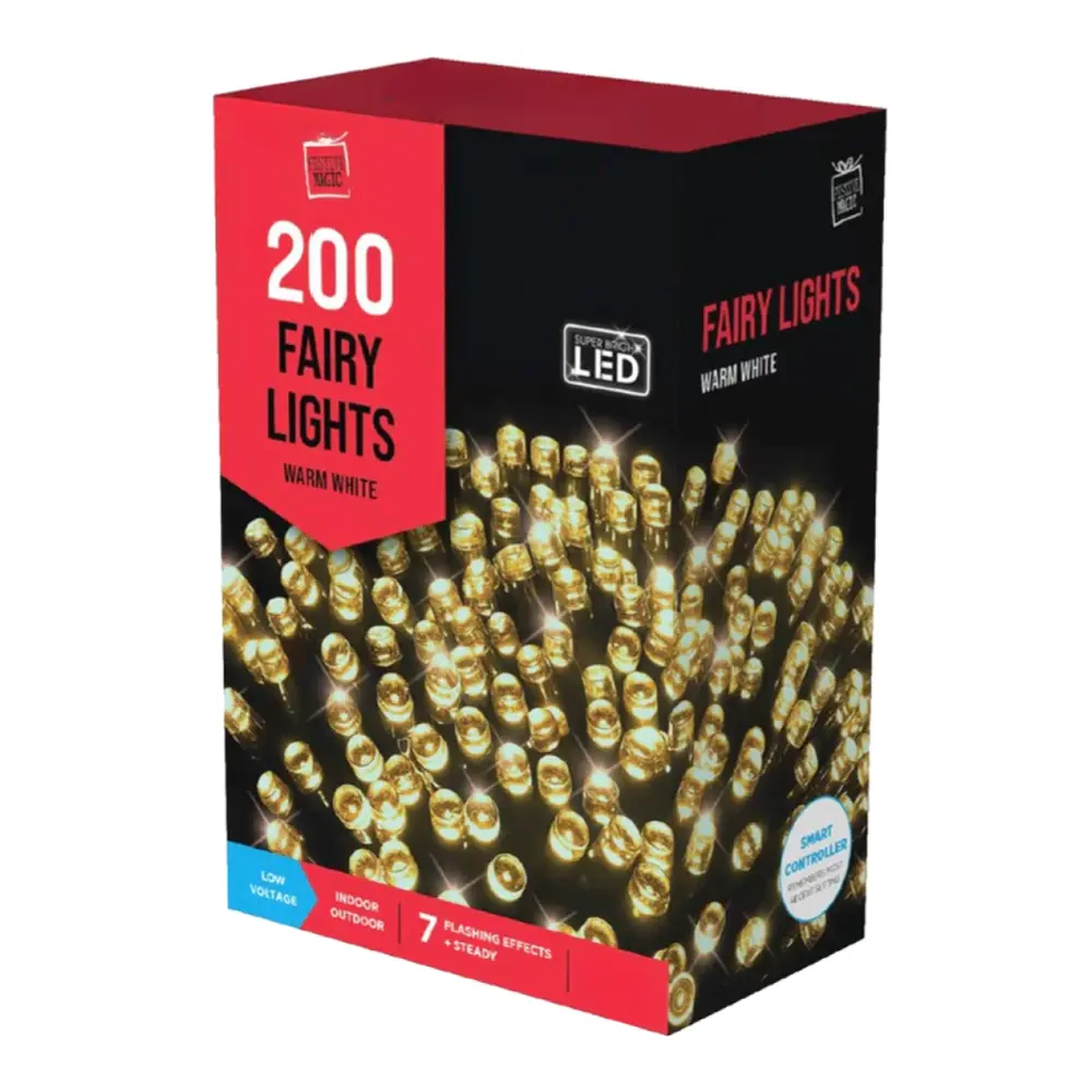 Đèn LED Nhấp Nháy Ánh Sáng Trắng Ấm, 200 Fairy Lights with 7 Flashing Effects, Warm White (11.94m) - UNCLE BILLS