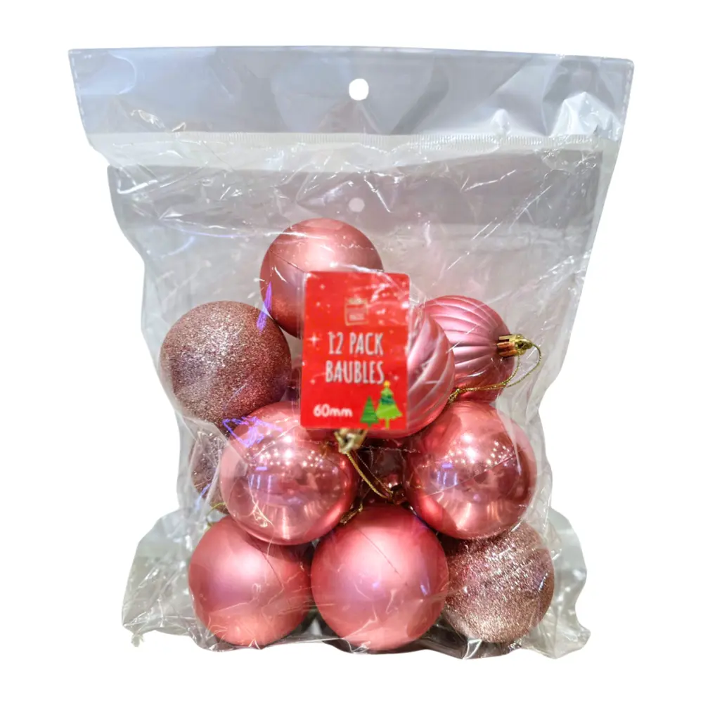 Trái Châu Trang Trí Noel Màu Hồng, 12 Pack Rose Christmas Baubles (60mm) - UNCLE BILLS