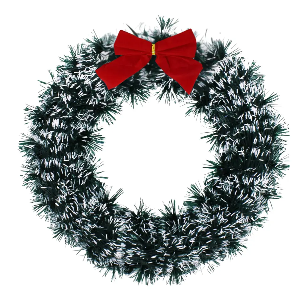 Vòng Hoa Tuyết Trang Trí Giáng Sinh Nơ Đỏ, Christmas Tinsel Wreath Snowy Green with Red Bow (27cm) - UNCLE BILLS