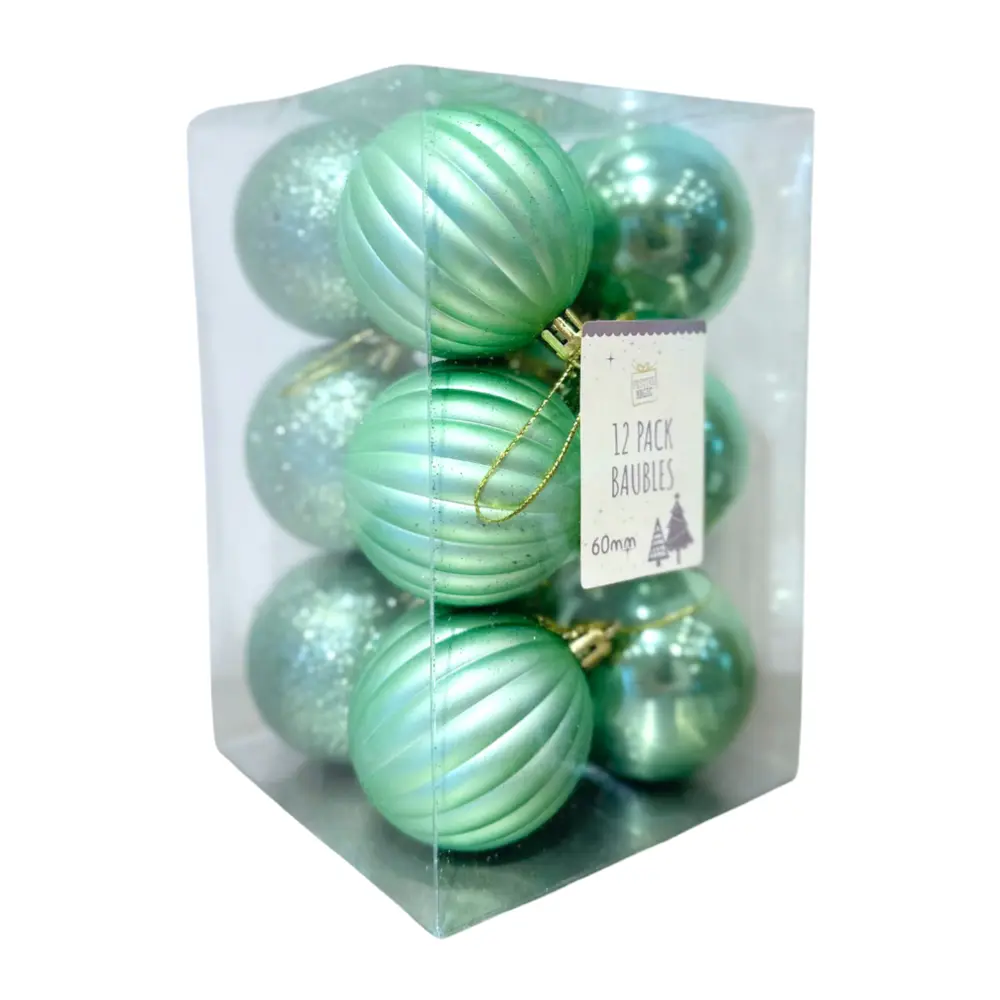 Quả Châu Trang Trí Giáng Sinh Màu Bạc Hà, 12 Pack Mint Baubles (60mm) - UNCLE BILLS