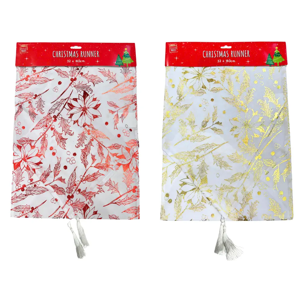 Khăn Trải Bàn Trắng Họa Tiết Giáng Sinh, White, Red & Gold Glitter Christmas Table Runner (32 x 180cm) - UNCLE BILLS