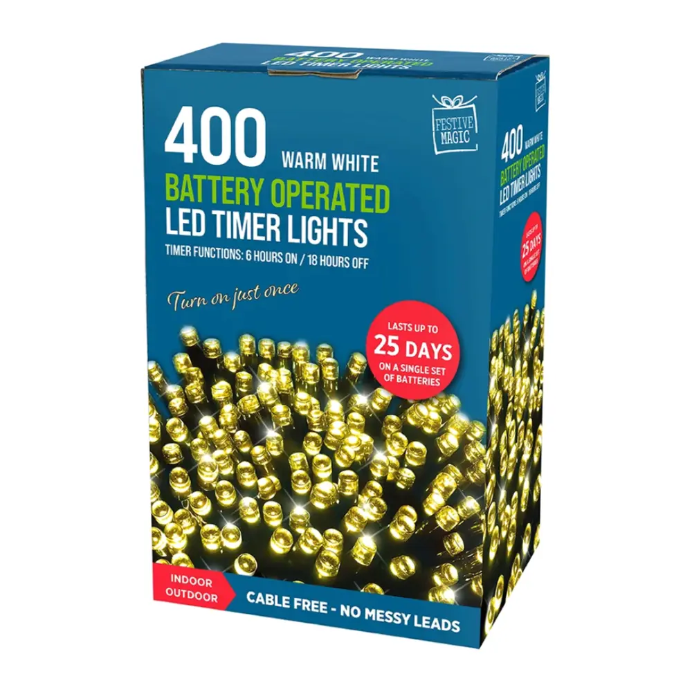 Đèn Led Hẹn Giờ Màu Trắng Ấm, 400 Warm White Battery Operated LED Timer Lights (31.9m) - UNCLE BILLS