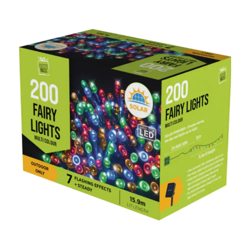 Đèn LED Năng Lượng Mặt Trời Nhấp Nháy Nhiều Màu, 200 Solar Fairy Lights with 7 Flashing Effects, Multi Colour (15.9m) - UNCLE BILLS