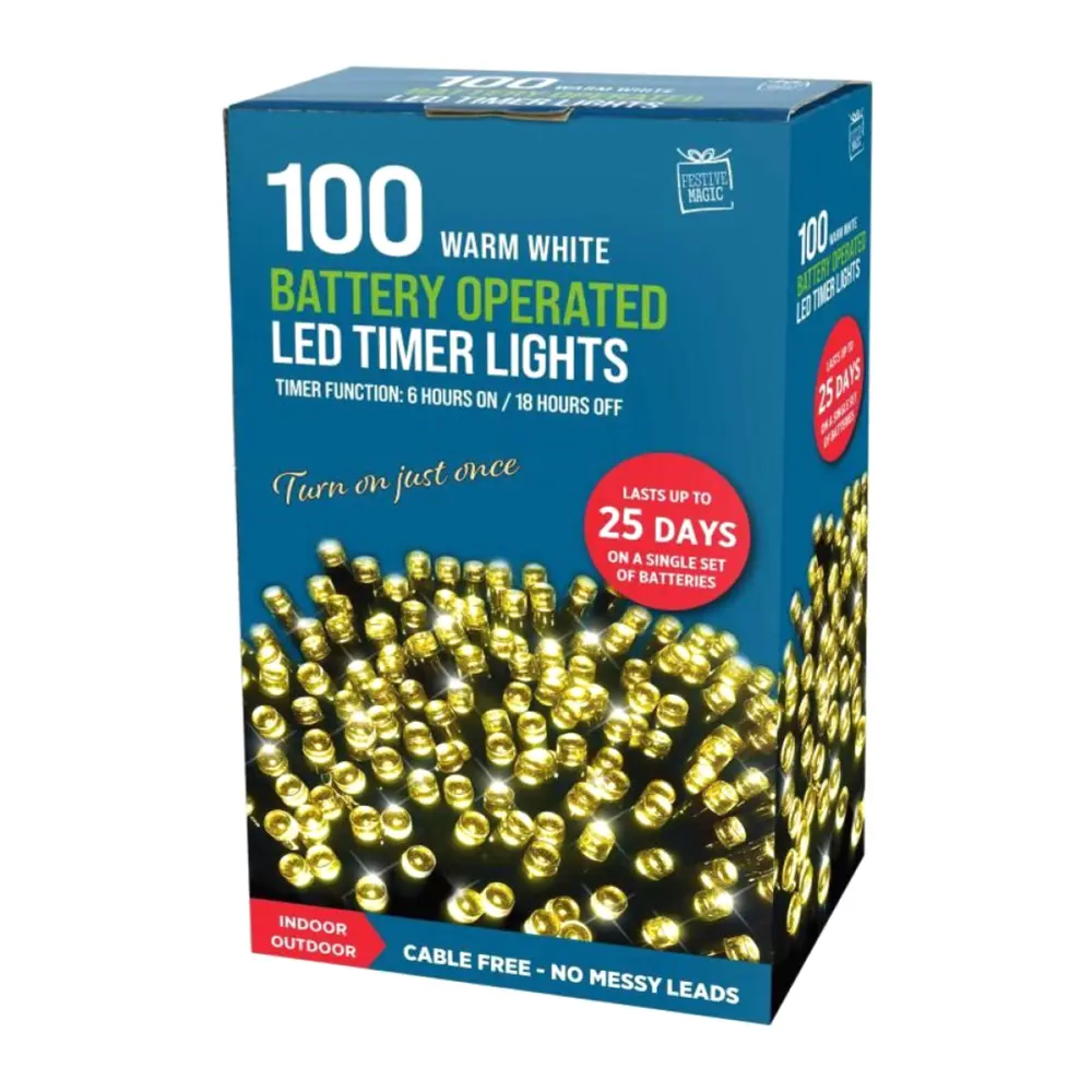 Đèn Led Hẹn Giờ Màu Trắng Ấm, 100 Warm White Battery Operated LED Timer Lights (5.94m) - UNCLE BILLS