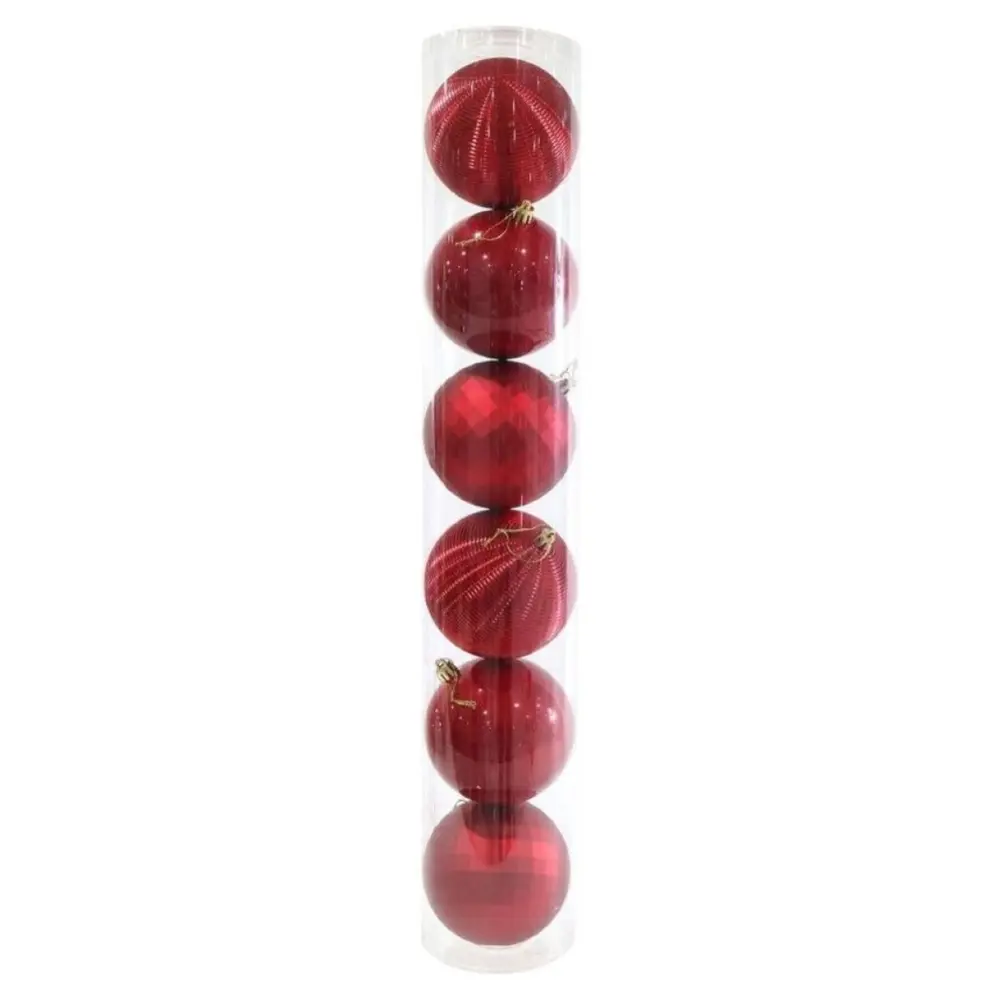 Trái Châu Họa Tiết Đỏ Trang Trí Giáng Sinh, 6 Pack Cylinder Red Baubles (10cm) - UNCLE BILLS
