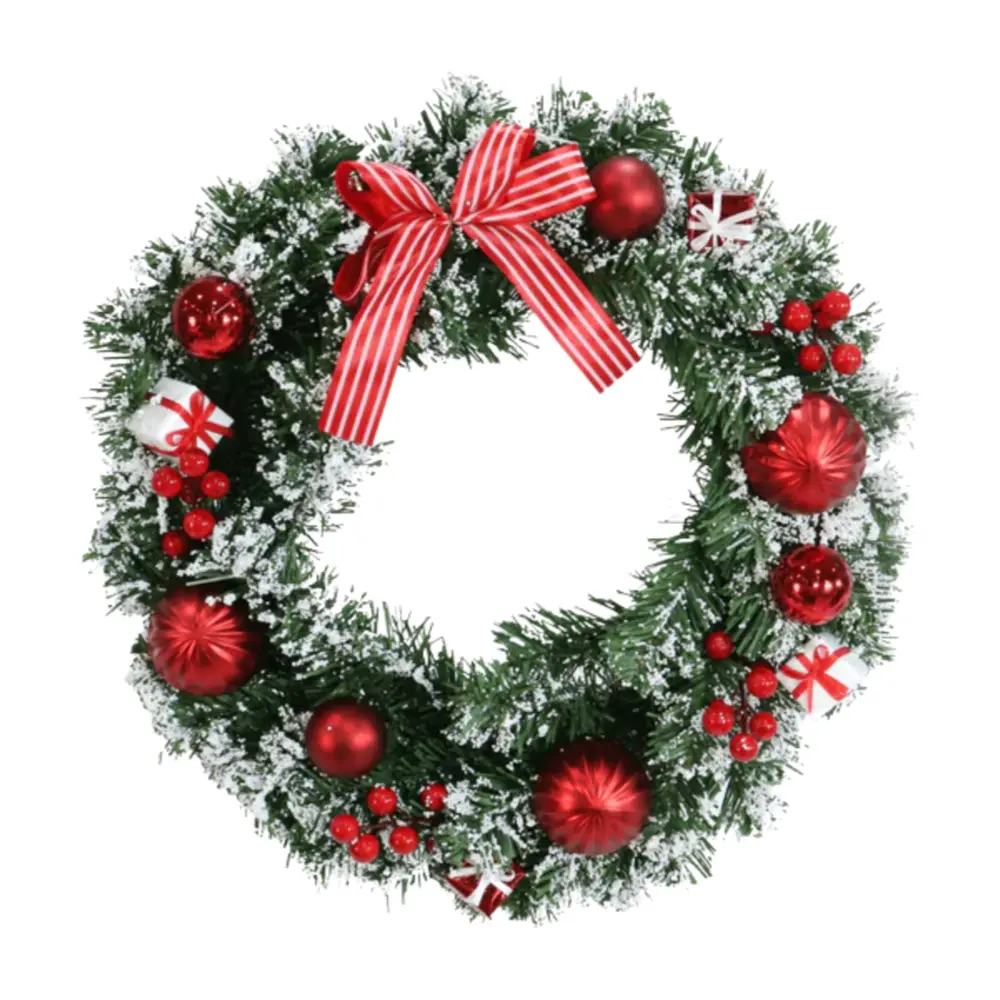 Vòng Nguyệt Quế Trái Châu, Nơ, Quà Trang Trí Giáng Sinh, Deluxe Heavy Snowy Pine Wreath (40cm) - UNCLE BILLS