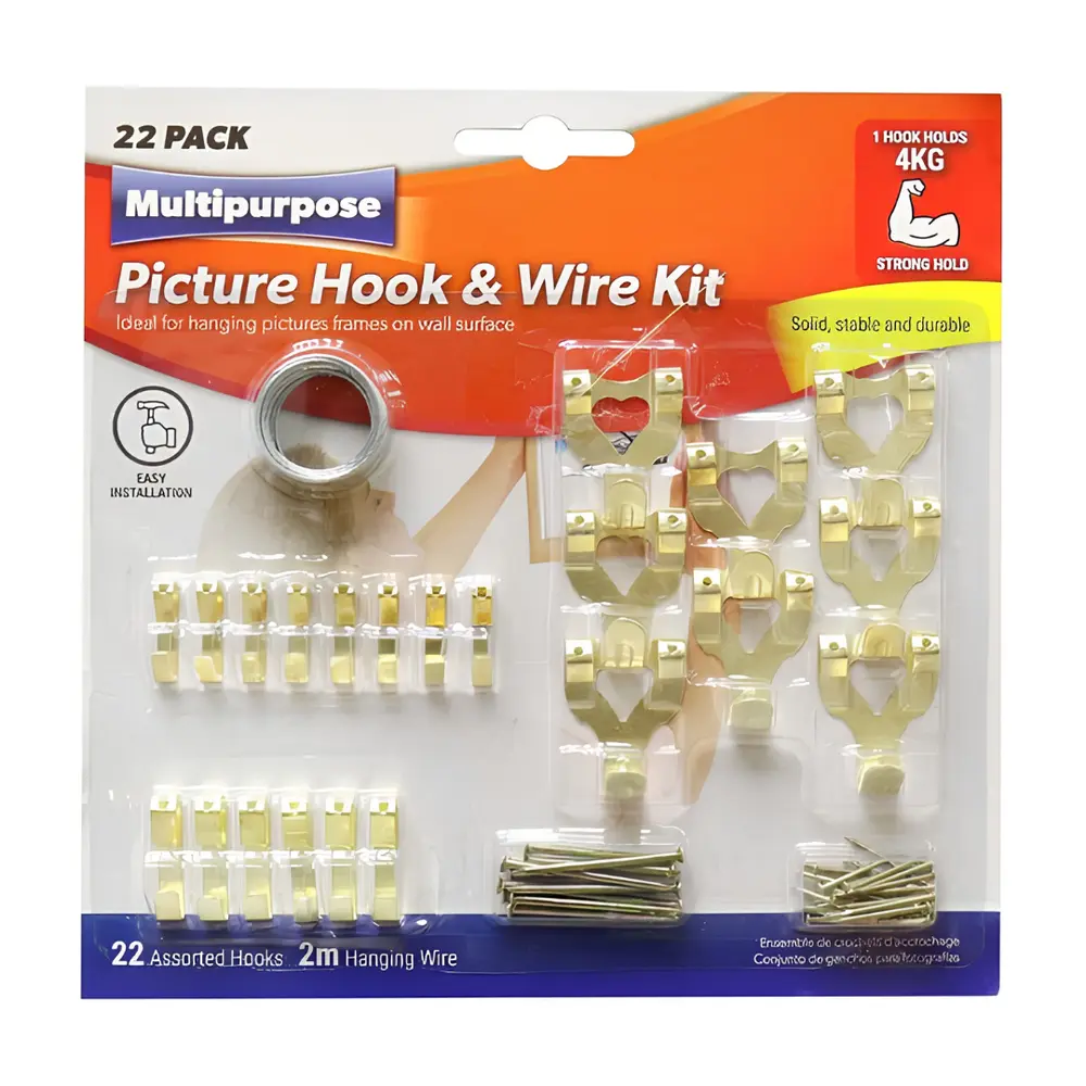 Bản Lề, Móc Treo Tranh & Dây Kẽm, Multipurpose Picture Hook & Wire Kit, Holds 4kg, 22 Cái (2m) - UNCLE BILLS