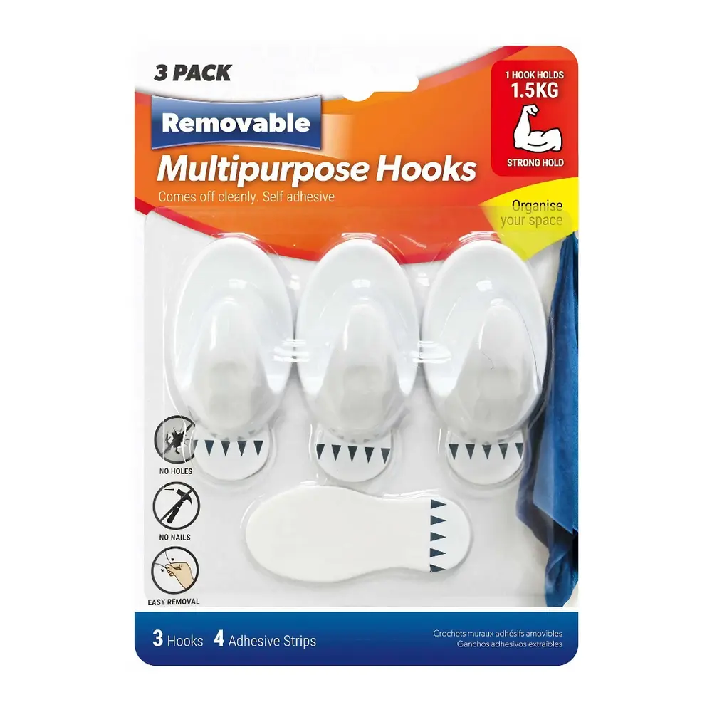 Móc Dán Có Thể Tháo, Oval Removable Multipurpose Hooks, Holds 1.5kg, 3 Cái & 4 Miếng Dán (5cm) - UNCLE BILLS