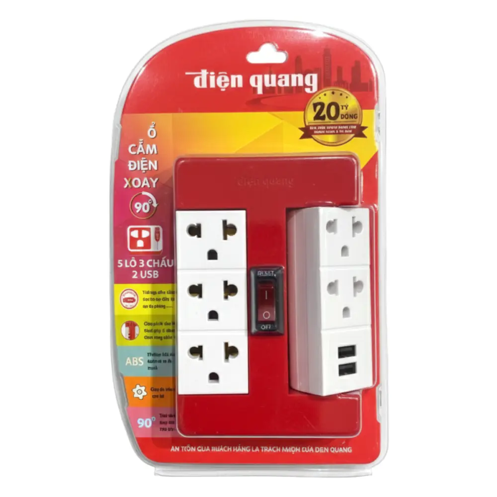 Ổ Cắm Xoay 90º 5 Lỗ 3 Chấu & 2 USB, Rotatable Multi-Outlet Socket with USB Ports, 250V - 13A - DIEN QUANG