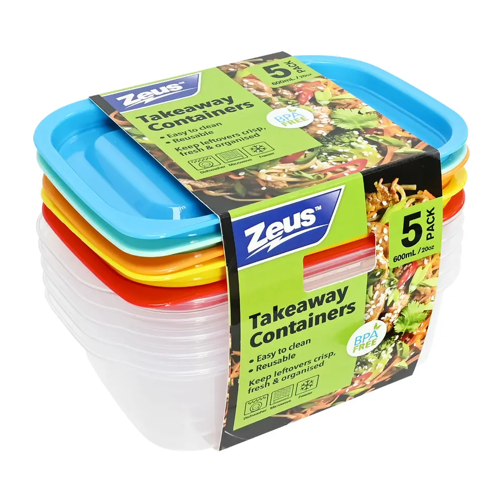 Hộp Nhựa Có Nắp, Takeaway Containers with Lids, 5 Cái, 20 oz (600ml) - ZEUS