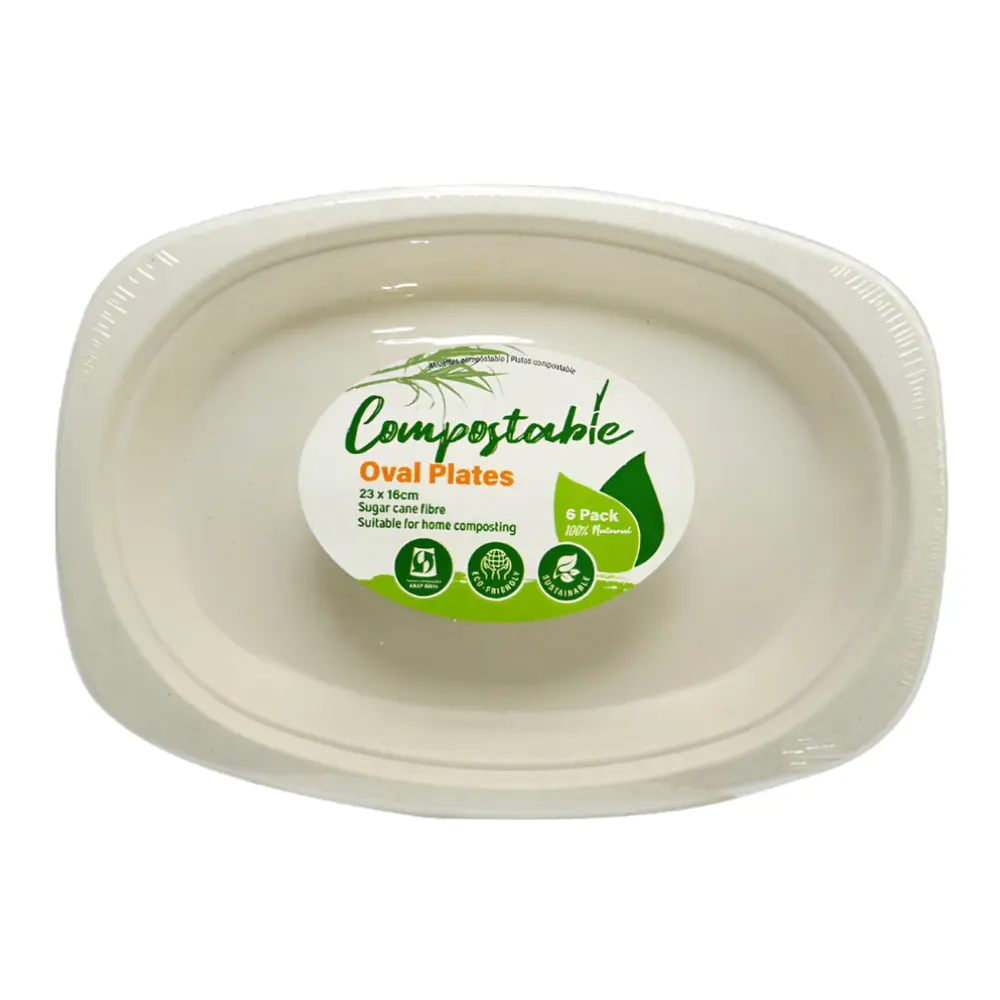 Đĩa Bã Mía Tự Phân Huỷ Hình Bầu Dục, Compostable Oval Plates, 6 Cái (23 x 16cm) - UNCLE BILLS