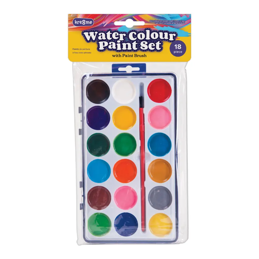 Bộ Sơn Màu Nước & Cọ Vẽ, Kre8me, Water Colour Paint Set with Paint Brush, 18 Ô Màu - UNCLE BILLS