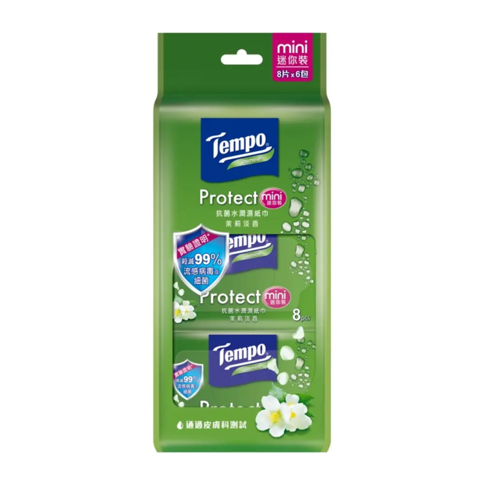 Khăn Giấy Ướt, Protect Mini Wet Wipes, Jasmine, 6 Gói, 48 Tờ (140 x 150mm) - TEMPO