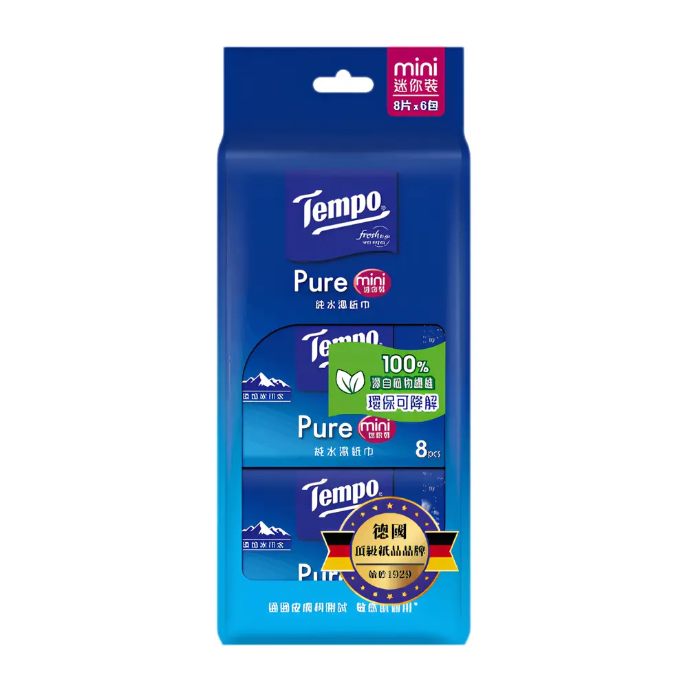Khăn Giấy Ướt, Pure Mini Wet Wipes, Glacier Water, 6 Gói, 48 Tờ (140 x 150mm) - TEMPO