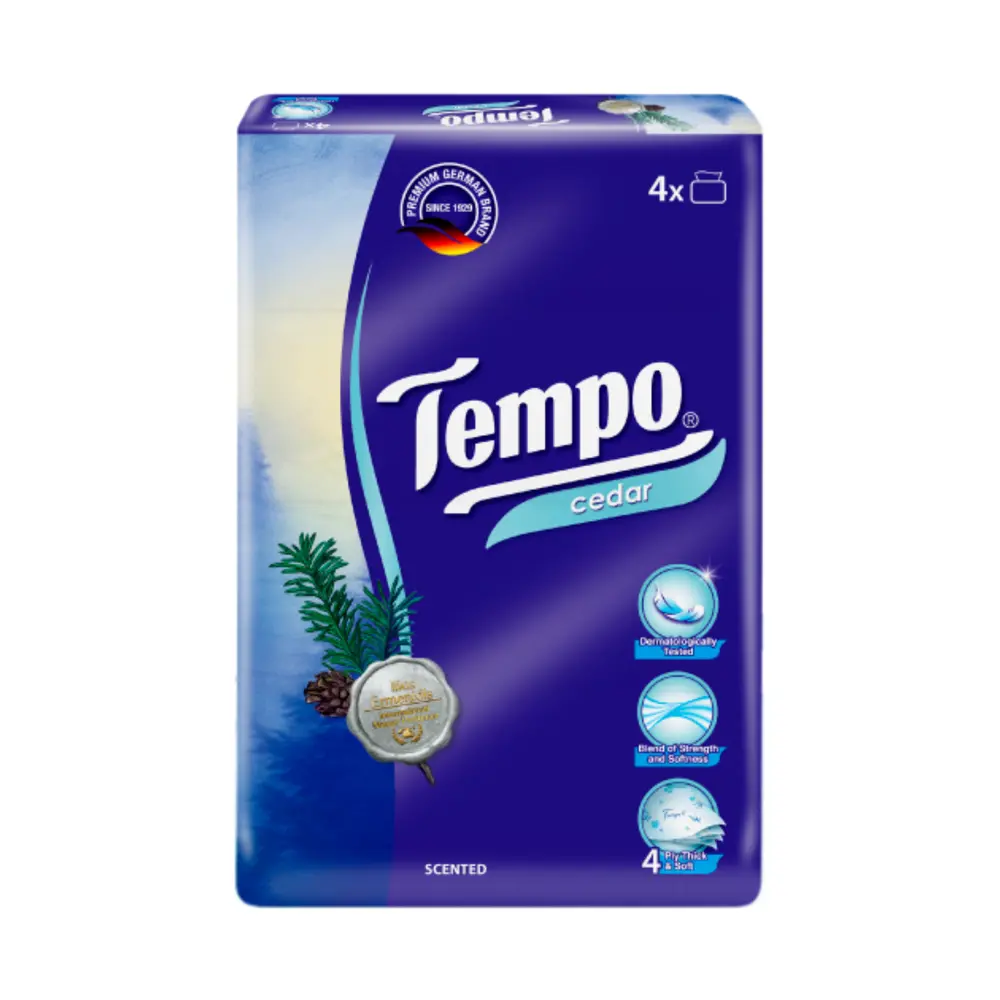 Khăn Giấy Rút 4 Lớp Hương Tuyết Tùng, Softpack Scented Facial Tissue, Cedar, 4 Gói, 360 Tờ (160 x 195mm) - TEMPO