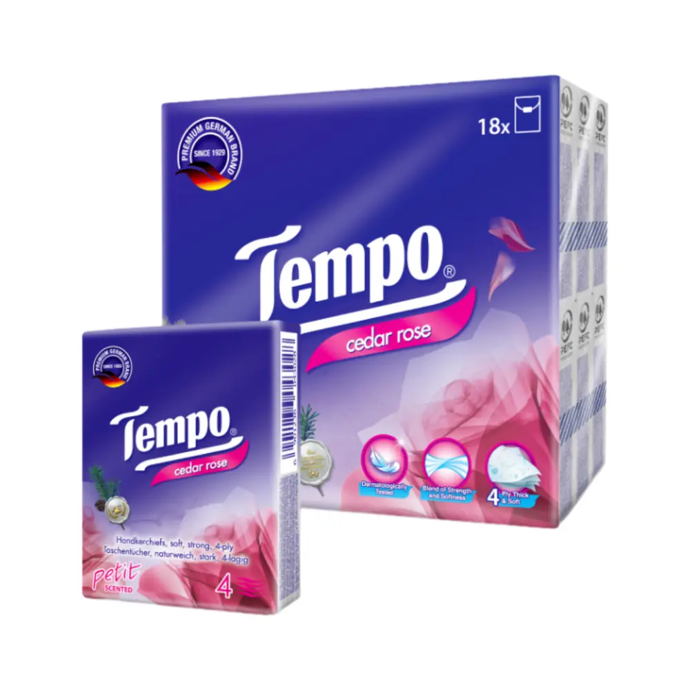 Khăn Giấy Bỏ Túi 4 Lớp Hương Tuyết Tùng Hoa Hồng, Petit, Hanky Scented Facial Tissue, Cedar Rose, 18 Gói, 126 Tờ (210 x 210mm) - TEMPO