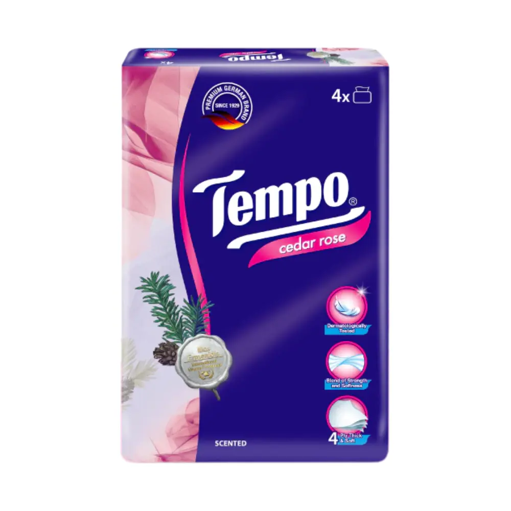 Khăn Giấy Rút 4 Lớp Hương Tuyết Tùng Hoa Hồng, Softpack Scented Facial Tissue, Cedar Rose, 4 Gói, 360 Tờ (160 x 195mm) - TEMPO