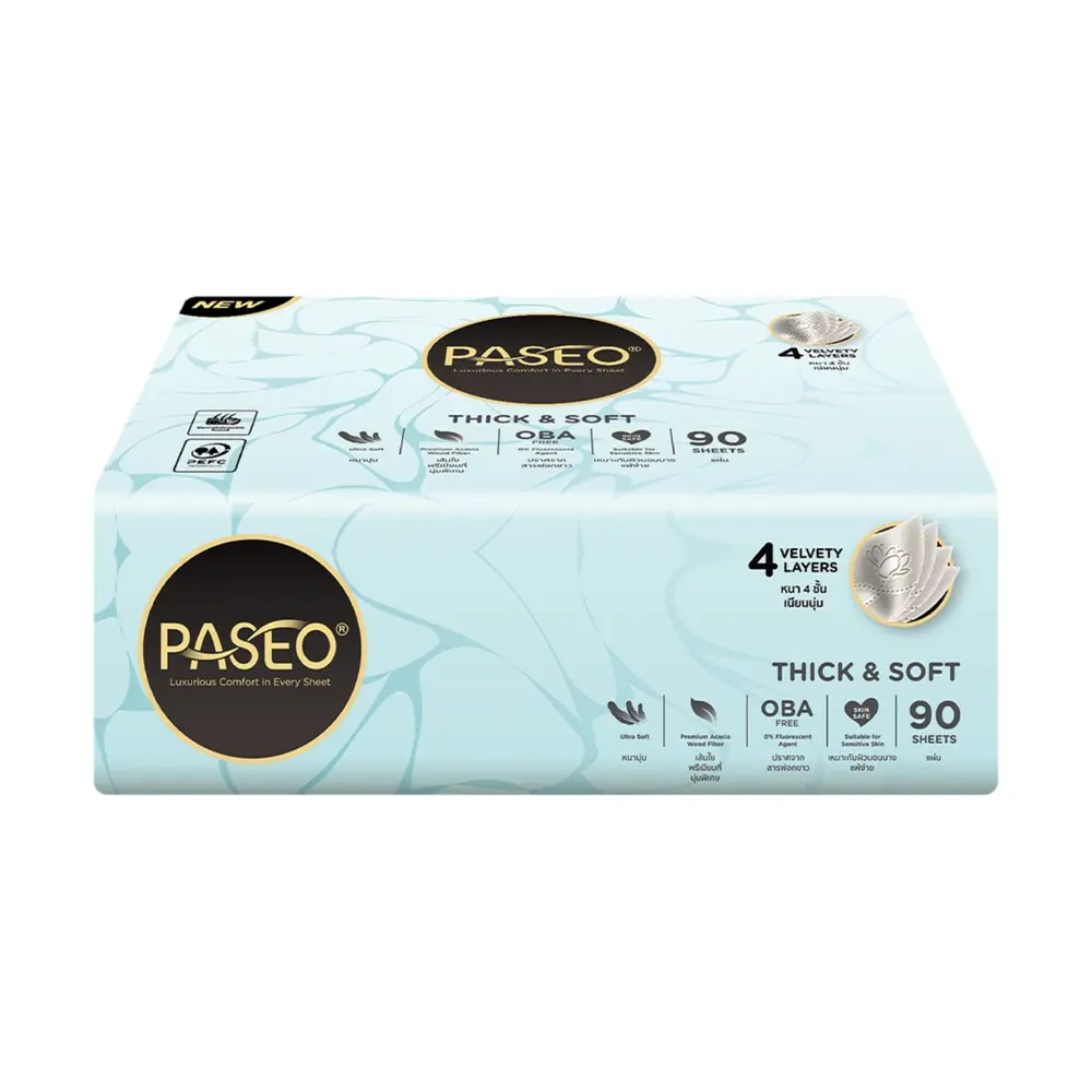Khăn Giấy Rút 4 Lớp, Thick & Soft Facial Tissue, 90 Tờ (190 x 154mm) - PASEO