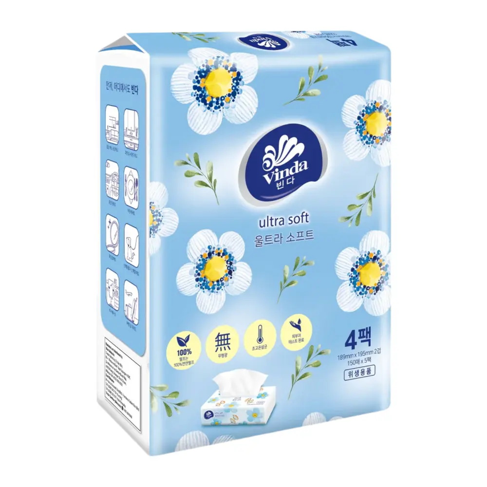 Khăn Giấy Rút, Ultra Soft, 2-Ply Facial Tissues, 4 Gói, 600 Tờ (189 x 195mm) - VINDA