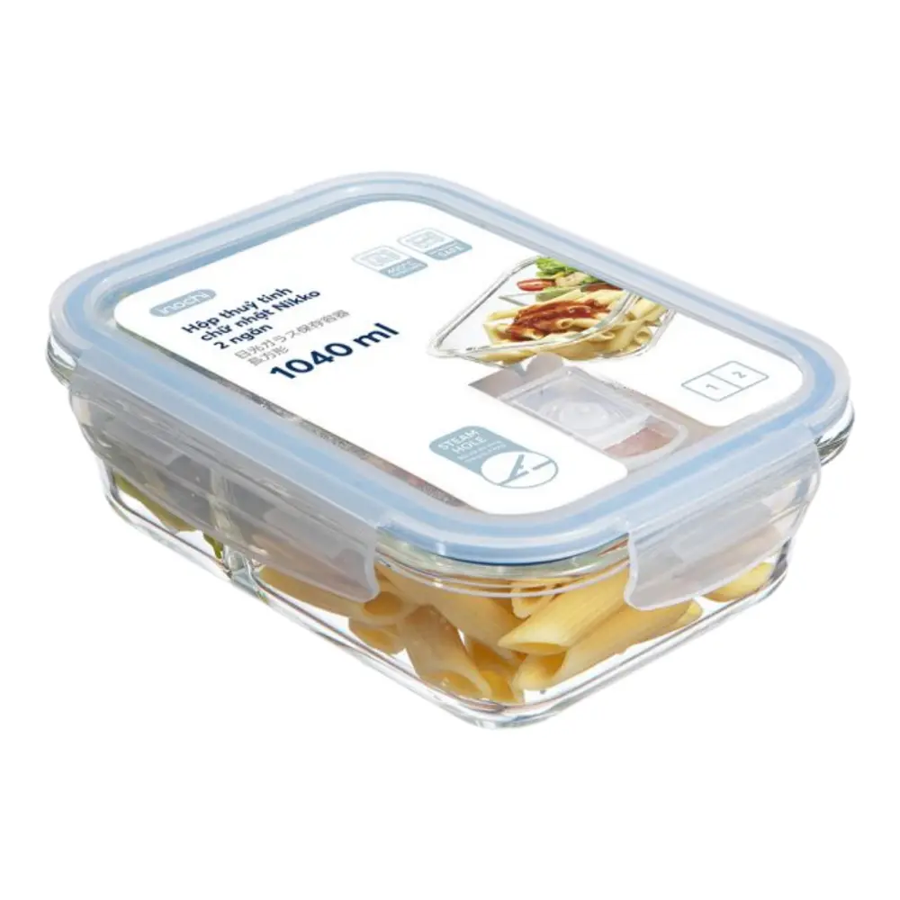 Hộp Thủy Tinh Chữ Nhật 2 Ngăn, Nikko Rectangle Glass Storage Container, 1040ml (210 x 159 x 67mm) - INOCHI