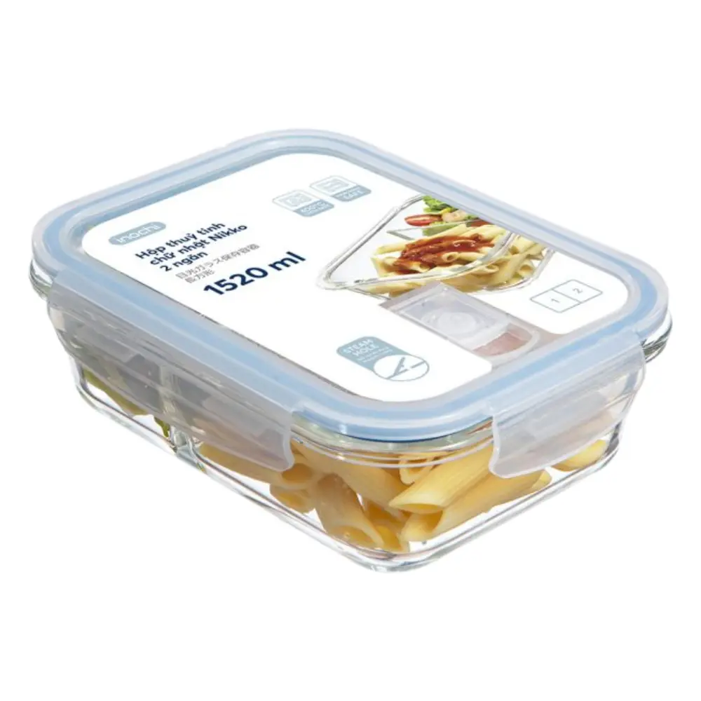 Hộp Thủy Tinh Chữ Nhật 2 Ngăn, Nikko Rectangle Glass Storage Container, 1520ml (233 x 177 x 76mm) - INOCHI