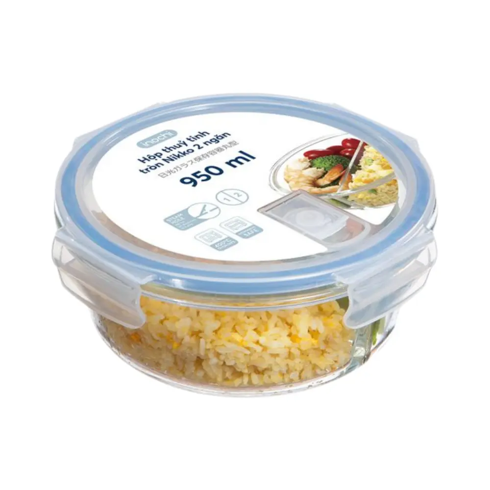 Hộp Thủy Tinh Tròn 2 Ngăn, Nikko Round Glass Storage Container, 950ml (184 x 184 x 76mm) - INOCHI