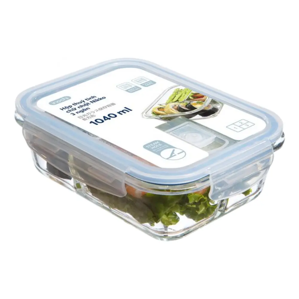 Hộp Thủy Tinh Chữ Nhật 3 Ngăn, Nikko Rectangle Glass Storage Container, 1040ml (210 x 159 x 67mm) - INOCHI