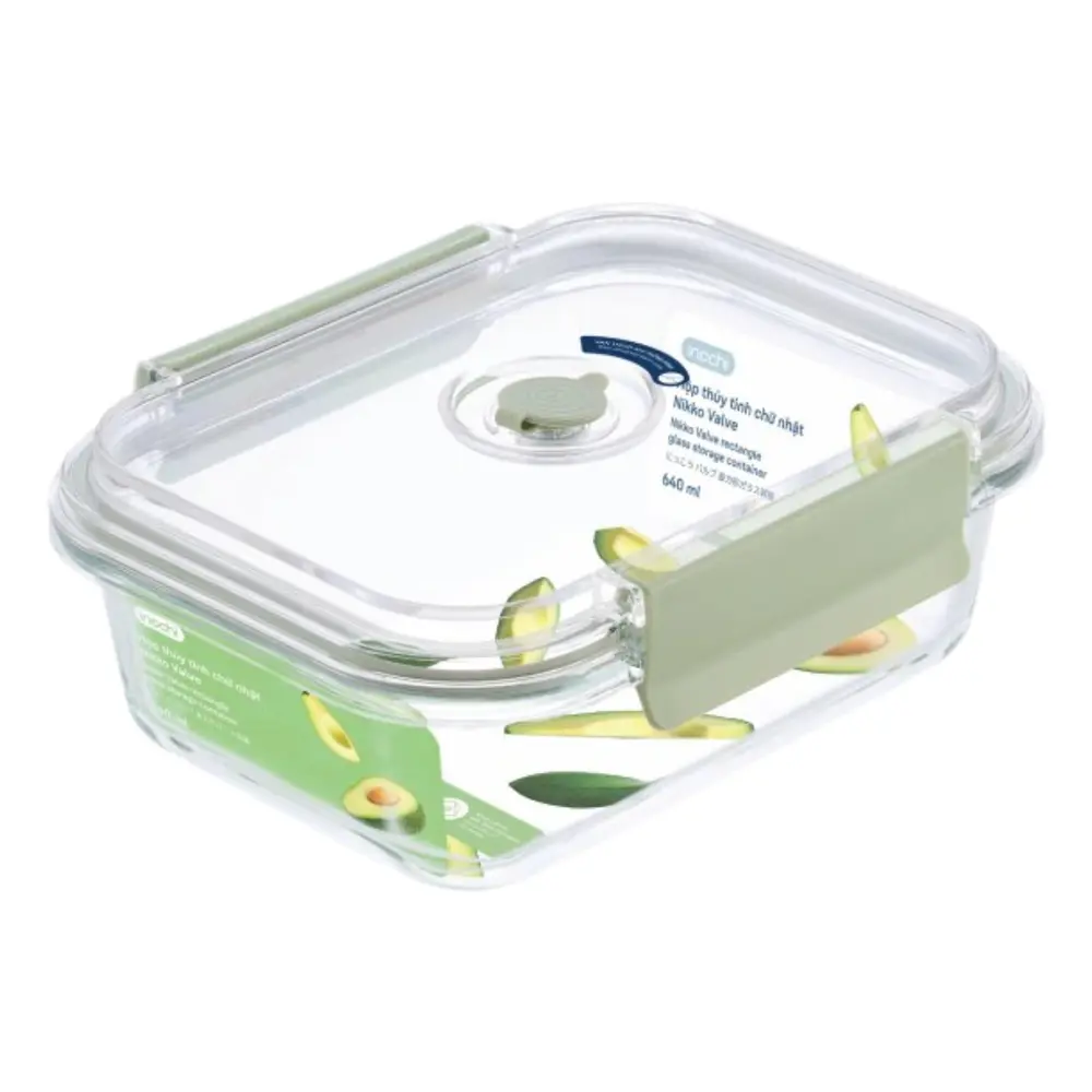 Hộp Thủy Tinh Chữ Nhật, Nikko Valve Rectangle Glass Storage Container, 1050ml (220 x 153 x 76mm) - INOCHI