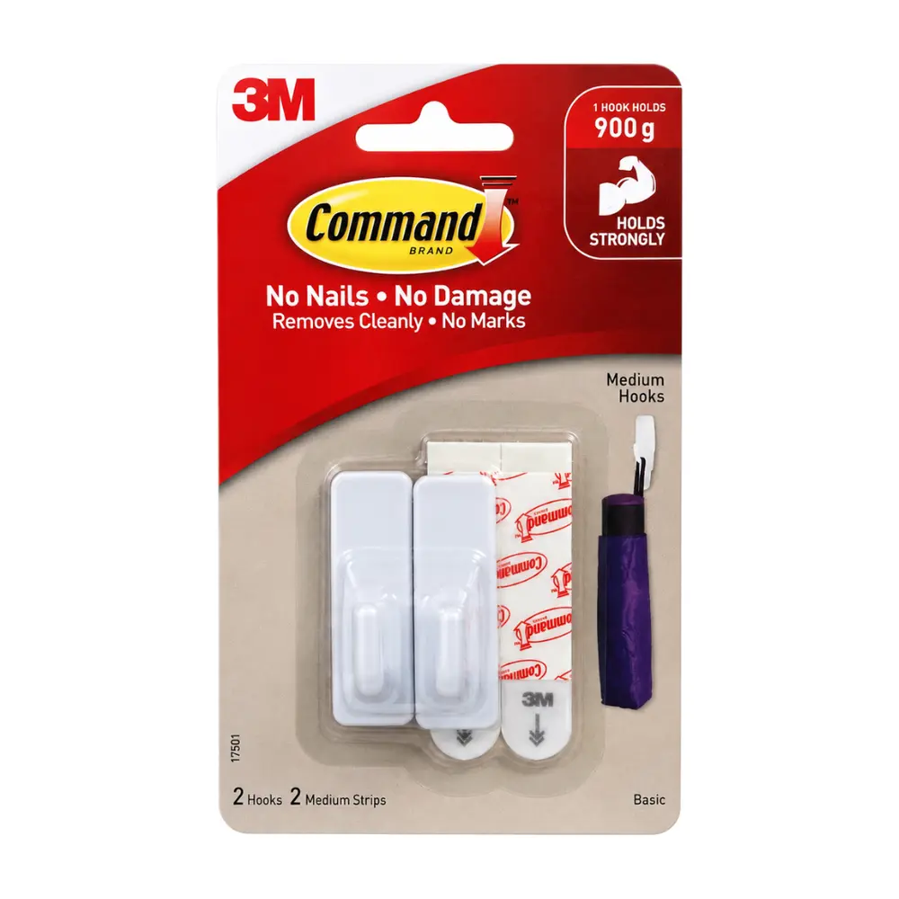 Móc Dán Treo Tường Vừa, Command, Medium Hooks, Holds 900g, 2 Cái & 2 Miếng Dán - 3M